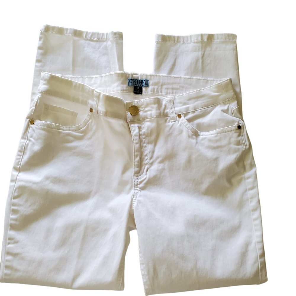 Cynthia Rowley Ankle Cropped White Pants Cotton Tencel Blend with‎ Gold Hardware